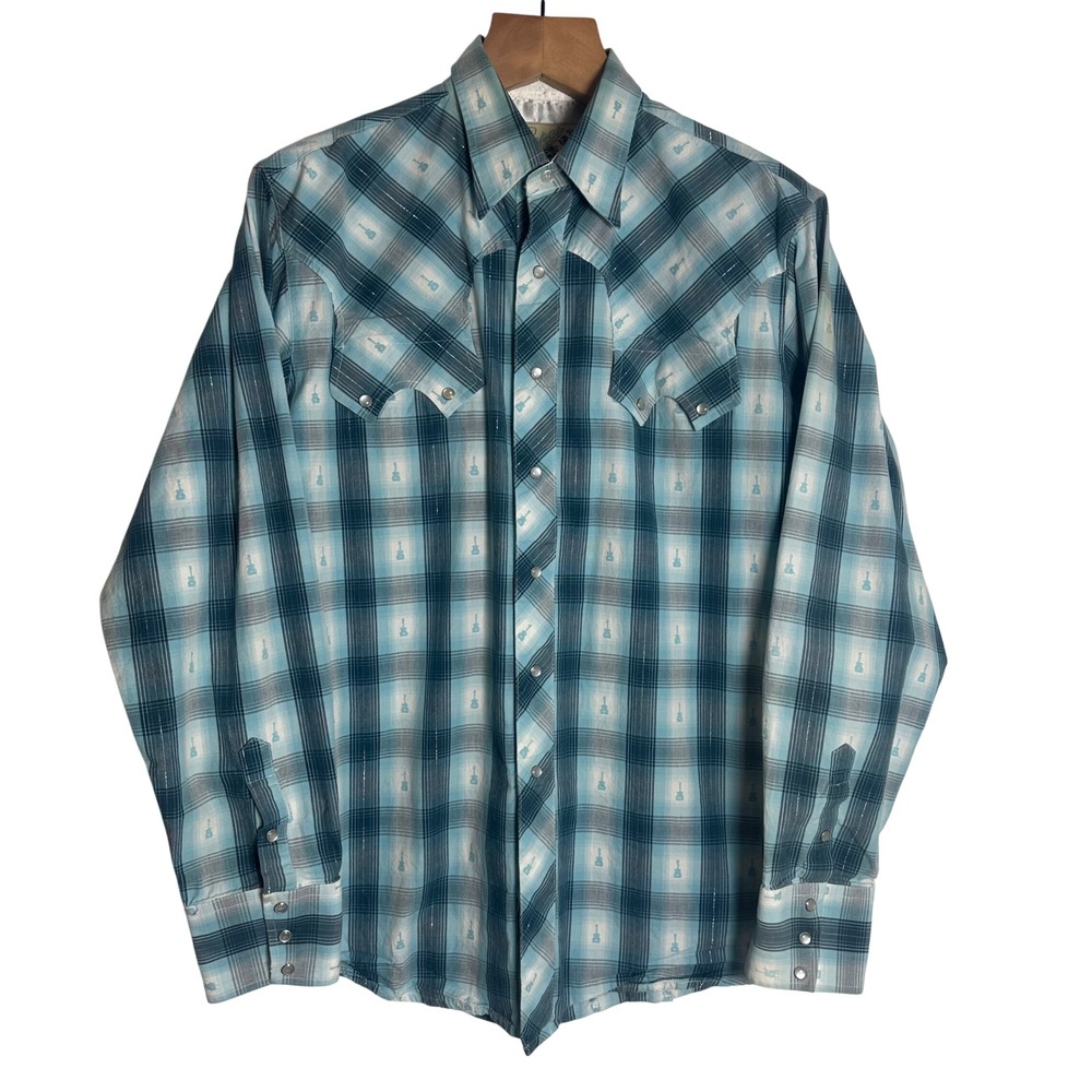 Roper Blue Plaid Guitar Embroidered Western Snap Shirt Mens Large 03-001-0044